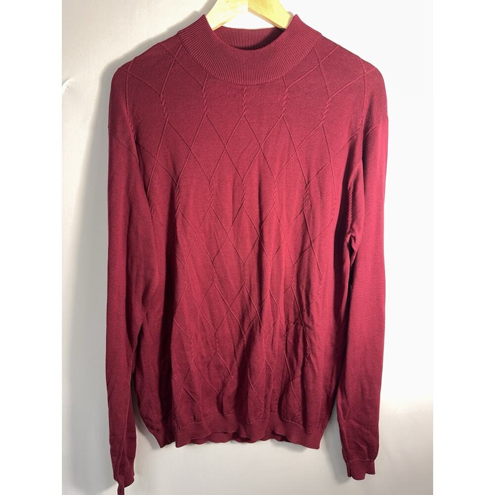 Burgundy Silk Cotton blend Argyle Knit Mock Neck Sweater Men’s Large Bachrach